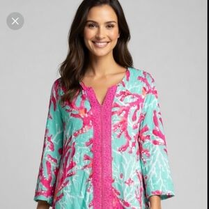 Caribbean Joe Aqua and Pink Coral Blouse